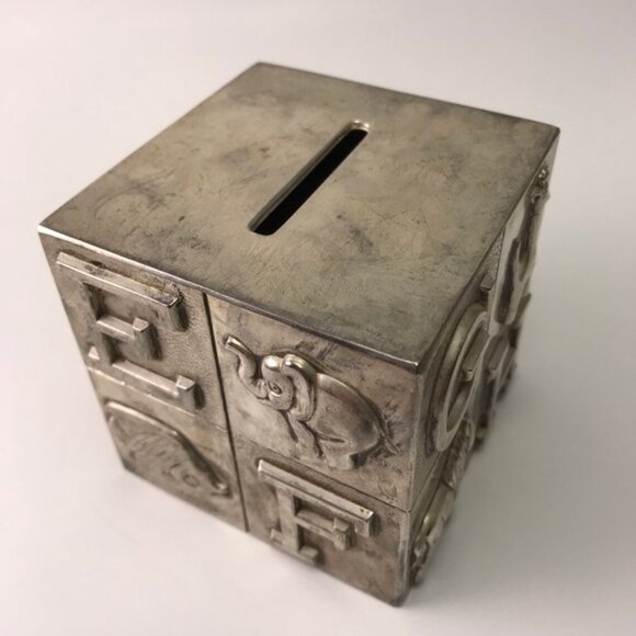 Vintage 80s Silver Plated Metal Coin Savings Bank for Children ABC - Picture 3 of 5
